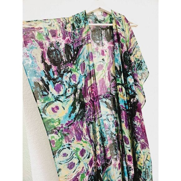 Tropical Kimono Multicolor Swim Cover Open Tie Front Duster One Size Fits Most - Picture 6 of 8